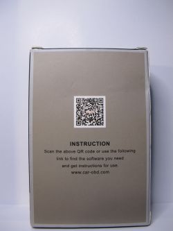 Back of the box with QR code and instruction for OBDII ELM327 scanner.