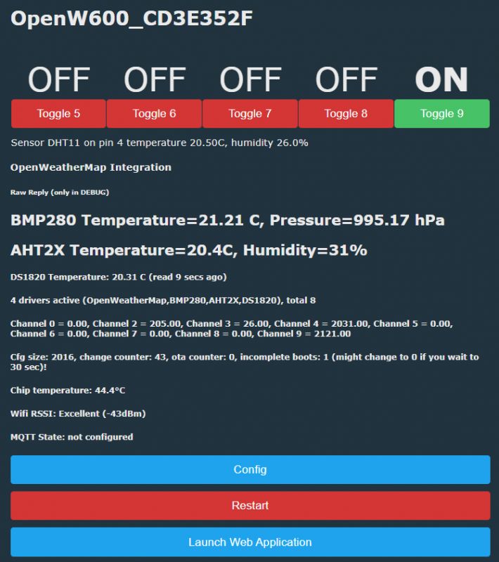 OpenW600 system interface with sensor readings from DHT11, BMP280, AHT2X, and DS1820, including toggle and configuration options.