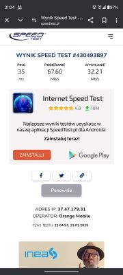 Zrzut ekranu z wynikiem testu prędkości internetu od Orange Mobile.