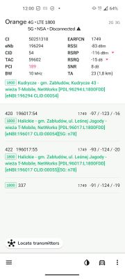 Zrzut ekranu z aplikacji NetMonster przedstawiający parametry połączenia LTE 1800 MHz sieci Orange oraz listę widocznych stacji bazowych w okolicy.