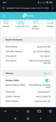 Zrzut ekranu ustawień routera TP-Link Archer AX1500.