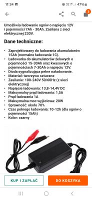 Ładowarka akumulatorów z danymi technicznymi.