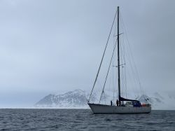 Sailing Yacht on the Arctic Ocean Sailing yacht on Arctic waters with snow-covered mountains in the background.