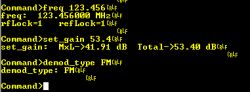 Okno konsoli UART z poleceniami: freq, set_gain i demod_type