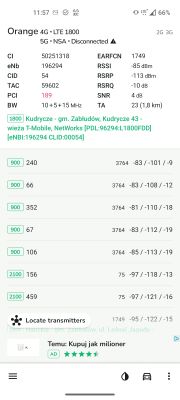 Zrzut ekranu z aplikacji NetMonster przedstawiający parametry sieci LTE 1800 Orange oraz listę dostępnych pasm i ich parametrów sygnału.