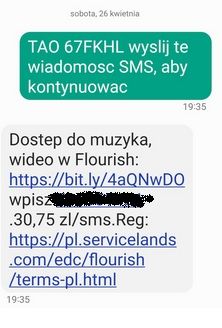 Zrzut ekranu rozmowy SMS, w której użytkownik otrzymuje informację o płatnym dostępie do muzyki i wideo po wysłaniu wiadomości.