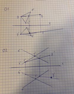 Rysunki zadania z geometrii wykreślnej z rzutami prostokątnymi punktów i płaszczyzn
