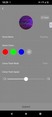 LED lighting control app screen with color options and modes.