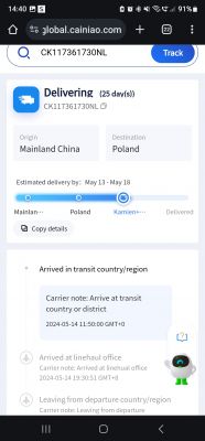Zrzut ekranu śledzenia przesyłki z Chin do Polski