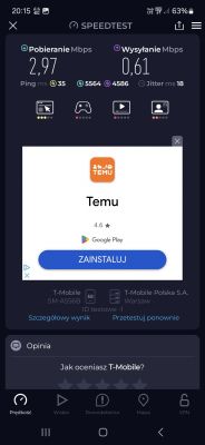 Zrzut ekranu z aplikacji Speedtest przedstawiający prędkości internetu mobilnego T-Mobile: pobieranie 2,97 Mbps, wysyłanie 0,61 Mbps.
