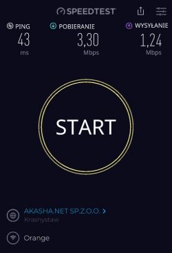 Ekran wyników testu prędkości internetu na Speedtest.net z wynikiem pobierania 3,30 Mbps i wysyłania 1,24 Mbps.