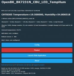 User interface screen of the OpenBK application showing temperature and humidity data along with other technical details.