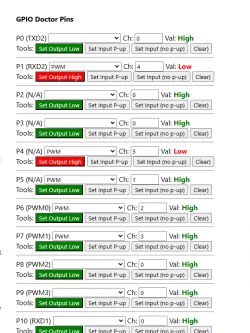 User interface for managing GPIO pins with various settings and values.