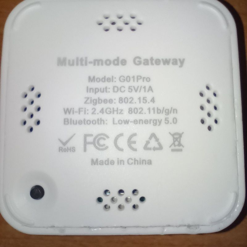 Back of a white “Multi-mode Gateway” showing model G01Pro and Zigbee, Wi‑Fi, and Bluetooth specs