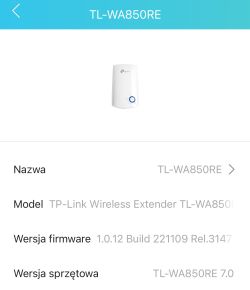 Ekran konfiguracji TP-Link TL-WA850RE z informacjami o modelu i wersji.