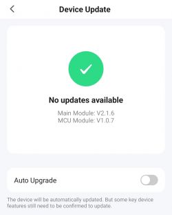 Device update screen indicating no updates available.