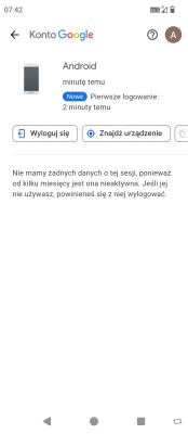 Zrzut ekranu ustawień konta Google pokazujący zalogowane urządzenie Android.