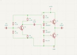 Schemat elektroniczny układu z trzema tranzystorami i diodami prostowniczymi