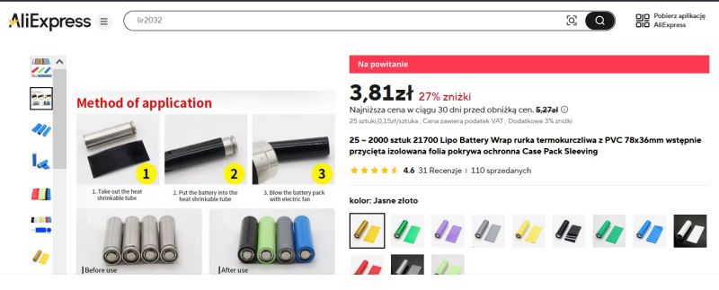 Zrzut ekranu z oferty folii termokurczliwej do ogniw akumulatorowych 21700 na stronie AliExpress, pokazujący instrukcję użycia i różne kolory osłonek.