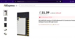 IoT electronic module with WiFi6 and Bluetooth interface displayed on an AliExpress page at a promotional price of £21.39.