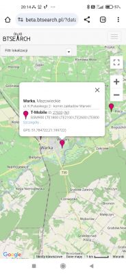 Mapa z zaznaczoną lokalizacją Warka w województwie mazowieckim wraz z detalami BTS T-Mobile.