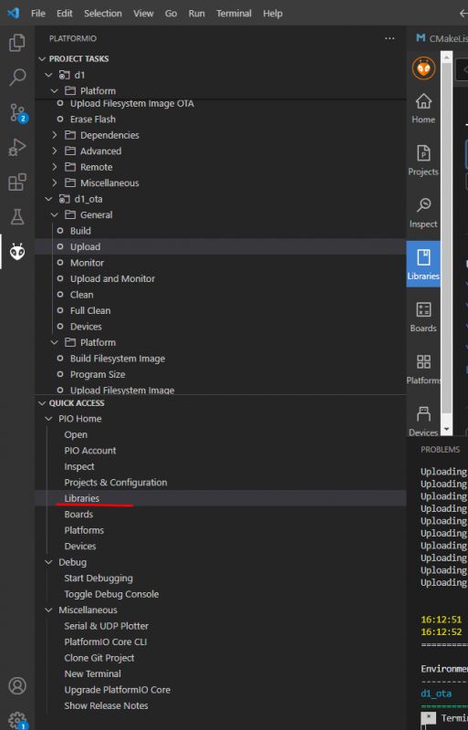 PlatformIO in Visual Studio Code - Bibliotheken-Tab PlatformIO-Oberfläche mit geöffnetem Bibliotheken-Tab in Visual Studio Code