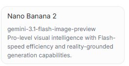 Screenshot of a “Nano Banana 2” card describing the gemini-3.1-flash-image-preview model