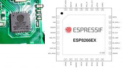 Image of ESP8285 board and ESP8266EX pinout diagram.