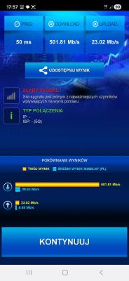 Zrzut ekranu testu prędkości 5G: ping 50 ms, download 501,81 Mb/s, upload 23,02 Mb/s