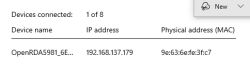 Connected devices list showing one device with name, IP address, and MAC address