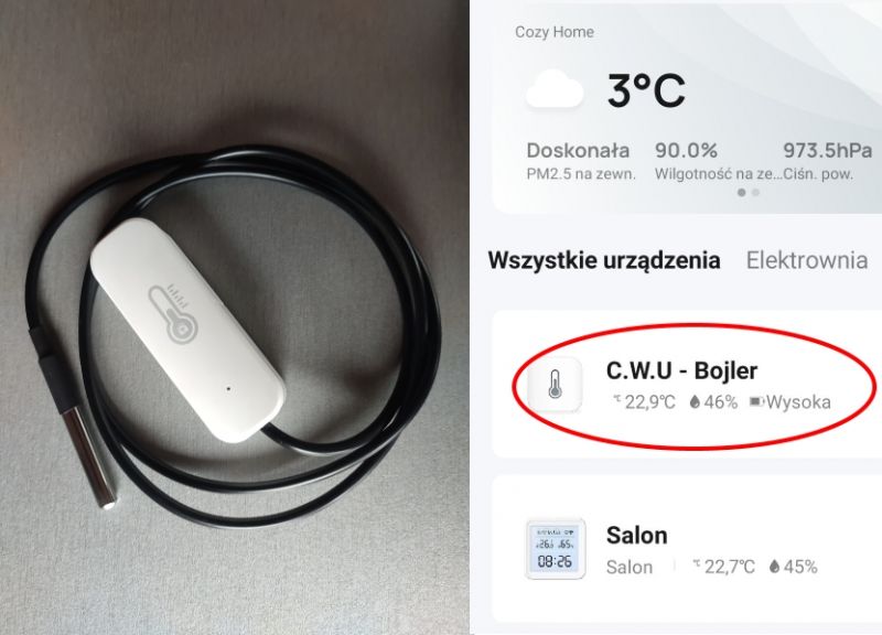 The image shows a white temperature sensor with a cable and an app screen displaying temperature and humidity data.