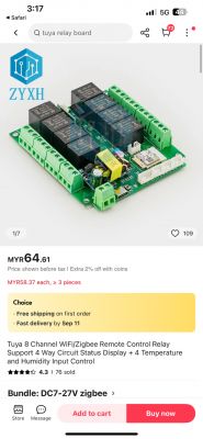 Tuya 8-channel relay board with ESP32 and Zigbee connectors for remote control.