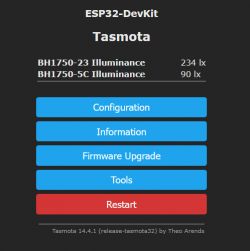 Tasmota interface on ESP32-DevKit showing readings from two BH1750 sensors.