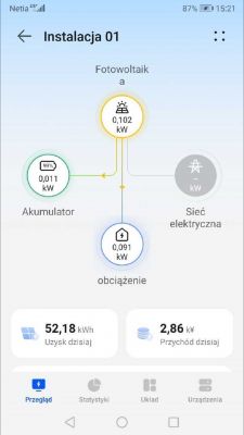 Solar system application screen showing power and energy values, including battery charge and load.