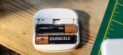 Device Interior with AAA Batteries Interior view of a device with two AAA Duracell batteries.