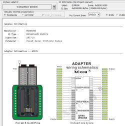 Zrzut ekranu z oprogramowania do programatora pokazujący informacje o układzie pamięci flash WINBOND W25Q256JW w obudowie SOIC8 oraz schemat podłączenia adaptera XGecu.