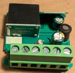 Electronic module with screw terminal block and capacitors