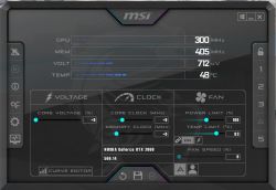 Zrzut ekranu z oprogramowania MSI Afterburner pokazujący parametry karty graficznej.
