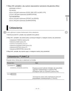 Strona instrukcji obsługi systemu audio samochodu z opisem ustawień dźwięku i funkcji menu.