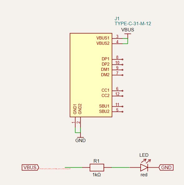 Schematic of USB‑C connector J1 with VBUS, DP/DM, CC, SBU pins and an LED circuit with 1 kΩ to GND