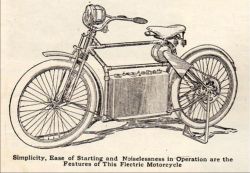 Stary rysunek elektrycznego motocykla z 1911 roku z dużą baterią umieszczoną między kołami.