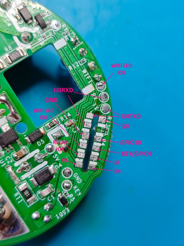 Pinout Labels on Sonoff S60TPG iPlug UK PCB Fragment of a Sonoff smart plug PCB with labeled pins and signal names visible.