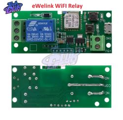 eWelink WiFi Relay Module eWelink WiFi relay module with a blue relay, connectors, and buttons on a green PCB.