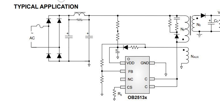 OB2513x Application Circuit Typical application circuit for OB2513x integrated circuit
