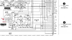 Fragment schematu wieży Sony FH-B5CD z zaznaczoną diodą Zenera i tranzystorem.