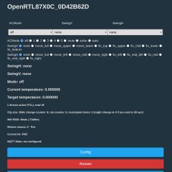 Control panel for OpenRTL87X0C device with operation modes, SwingV, SwingH options, and status and temperature information.
