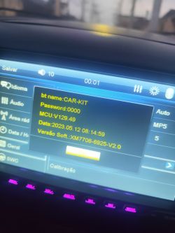 Car multimedia system display showing software version and settings information.