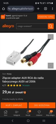 Złącze adapter AUX RCA do radia fabrycznego AUDI od 2006 z widocznymi czerwonym i czarnym wtykiem.
