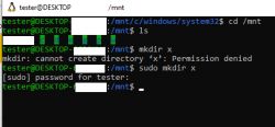 WSL Terminal – Creating Directory with Sudo WSL terminal window showing permission denied error for mkdir, then successful directory creation with sudo.