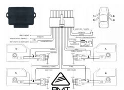 Schemat połączenia uniwersalnego modułu komfortu do domykania szyb samochodowych.